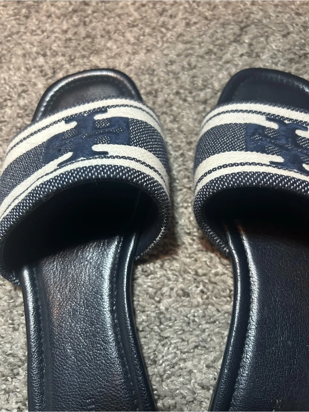 Tory Burch Navy and White Slide Sandals